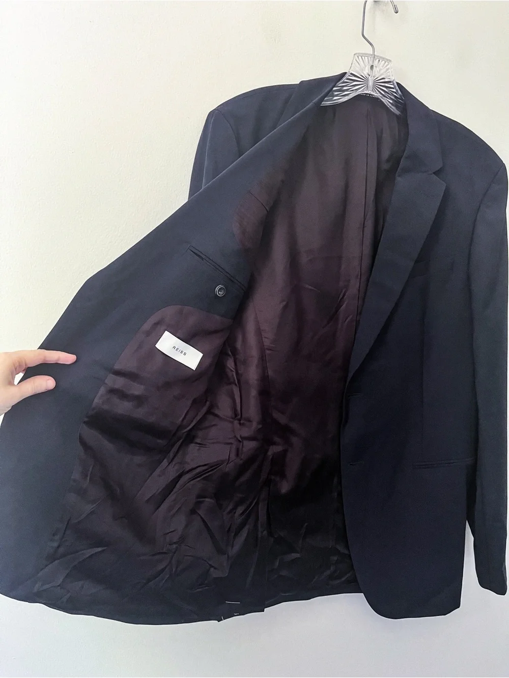 Reiss Hope Wool Blend Notch Lapel 2 Button Travel Blazer Stretch Navy Blue 38S